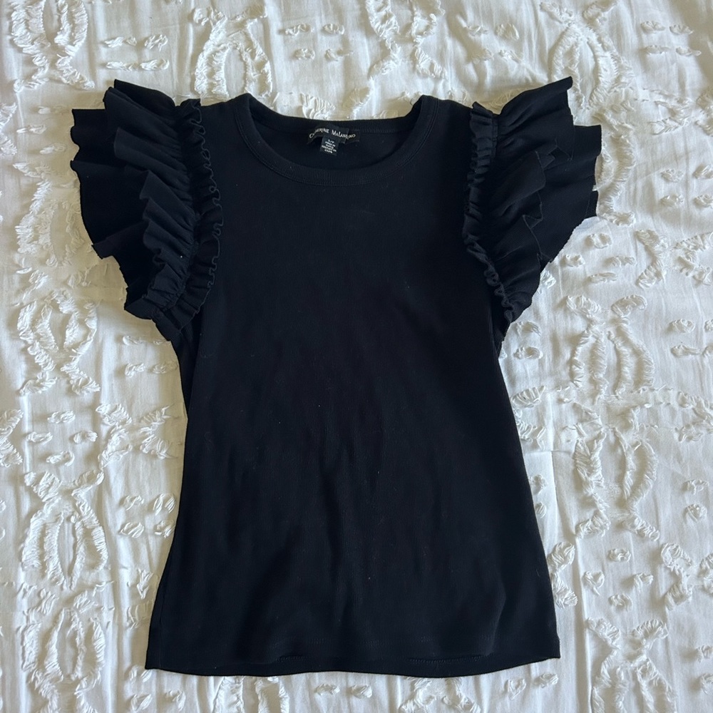Catherine Malandrino black ruffle sleeve ribbed top